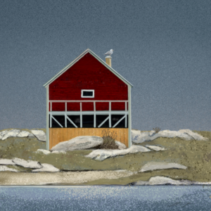 Digital illustration of a seagull on the chimney of maritime building by the sea shore.