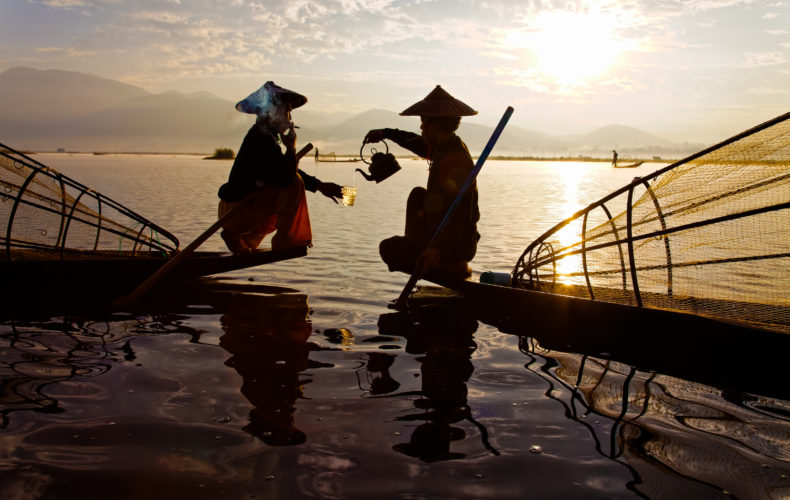 Anne Launcelott, Tea Time on Inle Lake, Burma, 12" x 18" (framed 20" x 26")