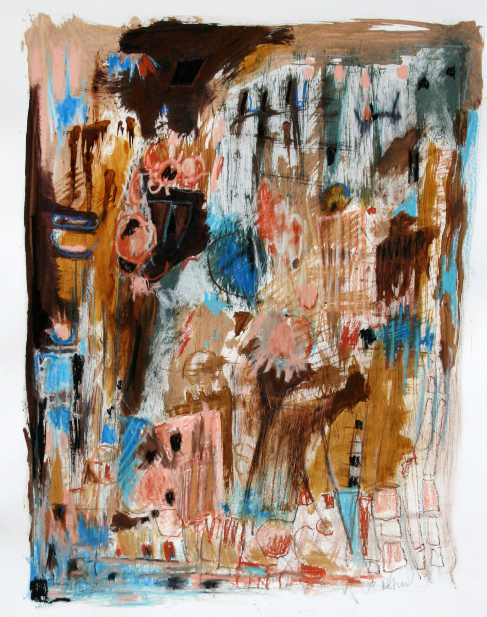 Lynn Rotin, "Downtown", mixed media on paper, 30" x 24", 2014