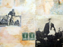 Joyce Glasner, â€œOliphantâ€™s Family Libraryâ€ 2014. Mixed-media collage on cradled panel 10â€x10â€