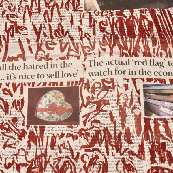 Andrew Thorne, “The Times and Transcript (Red Times)”, relief print on newspaper, 25 in x 22 in, 2019.