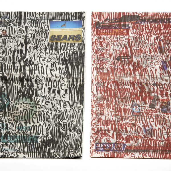 Andrew Thorne, “The Times and Transcript (Tuesday, January 17th, 2019)”, and “The Times and Transcript (Red Times)”, relief print on newspaper, 25" x 22", 2019.