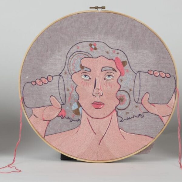Fern Pellerin, "MendAmend", embroidery floss, cotton-linen blend, birch embroidery hoops, silk organza. Two smaller pieces are 12" x 12", larger piece is 14" x 14", 2019-2020.
