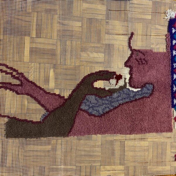 Fern Pellerin, Work in progress of rug Abiav, wool, rug canvas, cotton thread, 4 feet x 2 feet, 2020-2021.