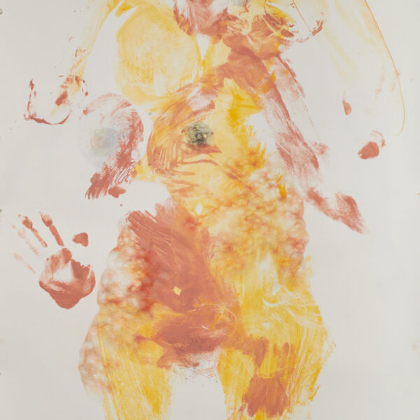 Monique Silver, "Flaws in yellow", acrylic body print, colored pencil, graphite, 39 x 30".