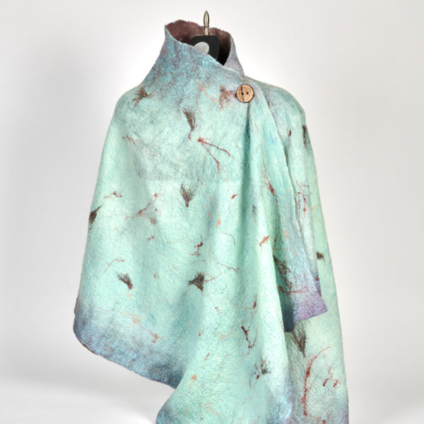 Elise Campbell, "Watercolour Cape", hand-dyed silk habotai, Nova Scotian lambs wool, merino wool, recycled silk, throwsters silk, coconut shell button, 240 x 80cm, 2020