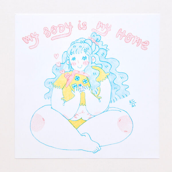 Katelynne Cagliostro, "My Body is My Home:", Risograph print on cardstock, 8 x 8", 2021
