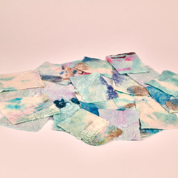 Elise Campbell, "Fleece Submission", wool, silk, hand-dyed, upcycled fabric, (25)11 x 14cm tiles. Created for NGP "BLUE: An Assembly", 2021