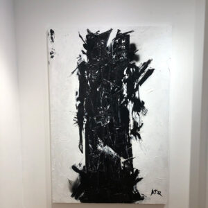 Black abstracted human figure painted on a large canvas.