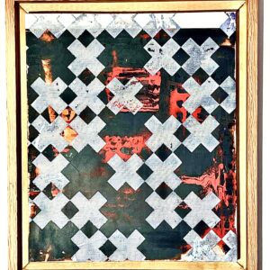 Diamond-grid of white X-shapes over a dark, textured background with layered patches of red, black, and metallic tones. The X-shapes appear printed on a mesh-like surface, revealing expressive, chaotic textures beneath. A light wood frame contrasts with the bold, geometric composition