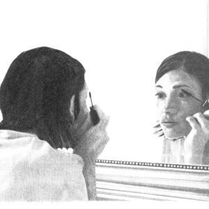 pencil drawing of a woman's reflection in mirror as she applies mascara