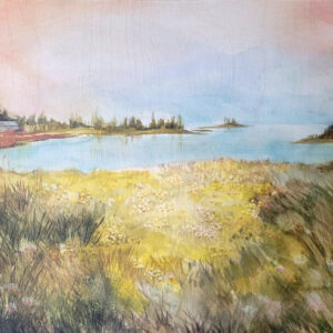 Seascape paiting in pastel tones. Wate ran the distance with a meadow in the foreground