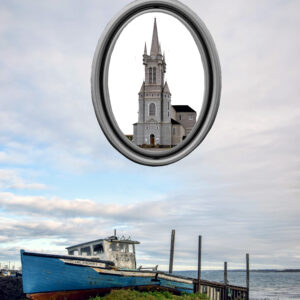 Tallest wooden church in vintage cameo style frame hovers over derelect wooden fishing vessel