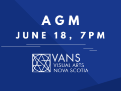 [ID: The background is three overlapping triangles in different shades of blue. White text at the top reads "AGM, June 18, 7 pm." Below is a fragmented horizontal line with the VANS logo underneath]