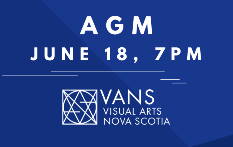 [ID: The background is three overlapping triangles in different shades of blue. White text at the top reads "AGM, June 18, 7 pm." Below is a fragmented horizontal line with the VANS logo underneath]