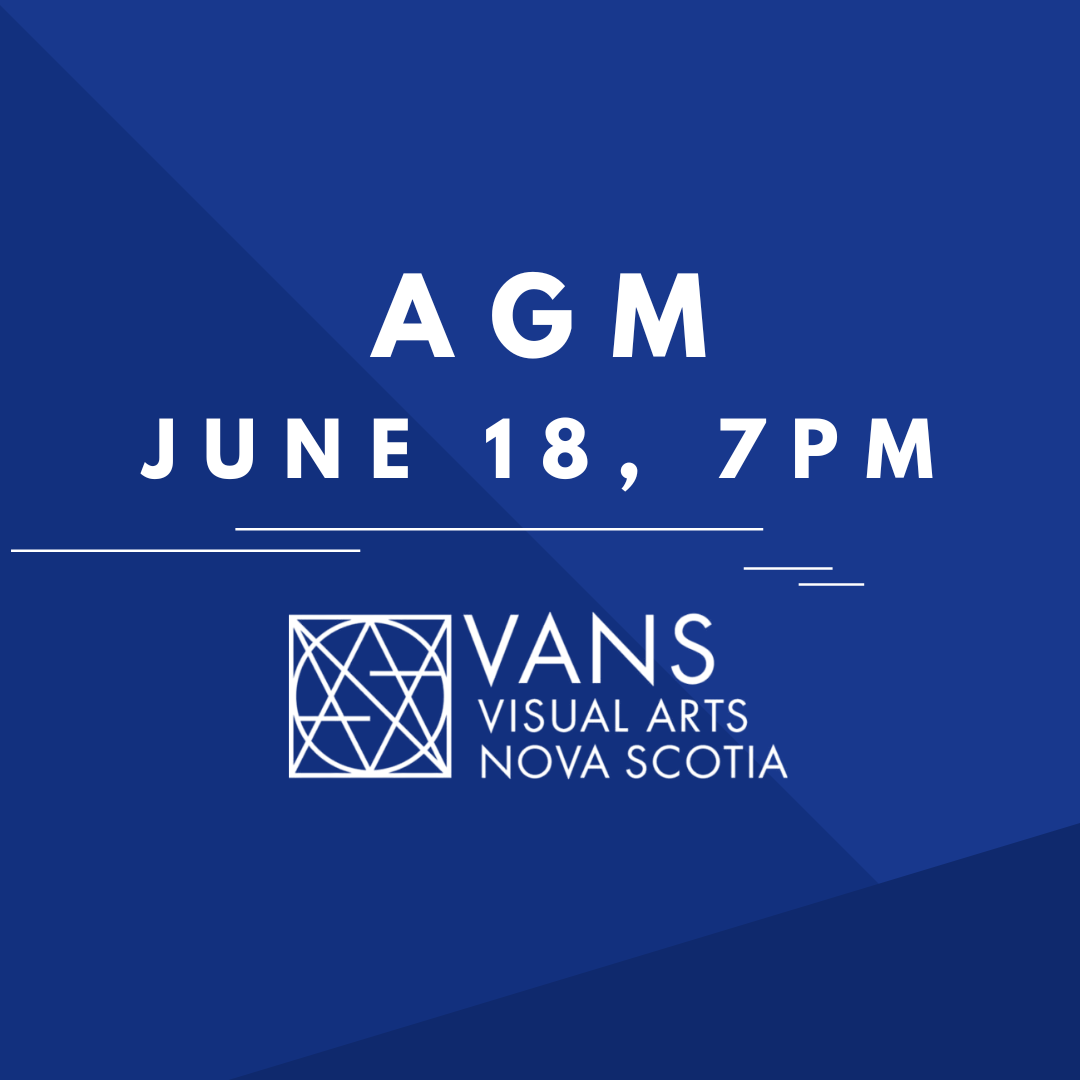 [ID: The background is three overlapping triangles in different shades of blue. White text at the top reads "AGM, June 18, 7 pm." Below is a fragmented horizontal line with the VANS logo underneath]