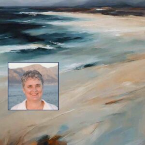 Anthea Taljaard in front of an abstract beach watercolour