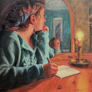 A woman in a blue sweater sits at a desk, she looks off into the middle distance, pausing in writing by candlelight.