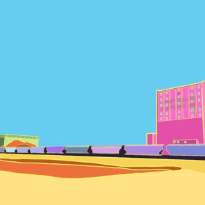A stylized digital illustration of the Fort William Elevator Company grain terminal in Thunder Bay, Ontario. The scene is rendered in vivid pop-art colors, with the large pink and yellow grain elevator dominating the right side of the image. A long line of rail cars stretches across the foreground, leading toward additional green and yellow industrial buildings on the left. The sky is a bright, cloudless blue with a small airplane faintly visible in the distance, creating a bold, minimalist composition that contrasts industrial geometry with flat color fields.
