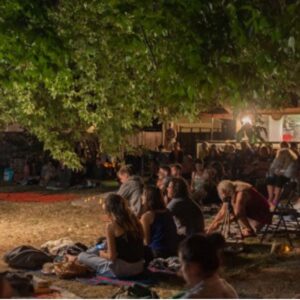 People sitting under a large tree enjoying a performance with a large moon.