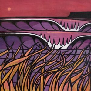 a painting of two waves in the ocean with some tall grass blowing in the wind in the foreground - the painting is called The Breeze Says Hello