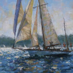 Oil painting of a sailing ship under sail. It has 4 sails catching the wind as it sails past the viewer, headed to the viewer’s left.