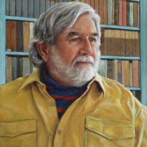A painting of an older grey-haired bearded man in yellow shirt with blue and red striped shirt underneath, with book shelves behind him. He is looking off into the distance.
