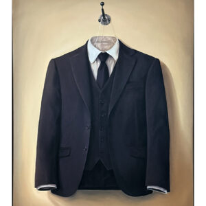 Oil painting by Roy depicting a suit hanging on a wall hook without a head, symbolizing identity, social roles, and replaceability